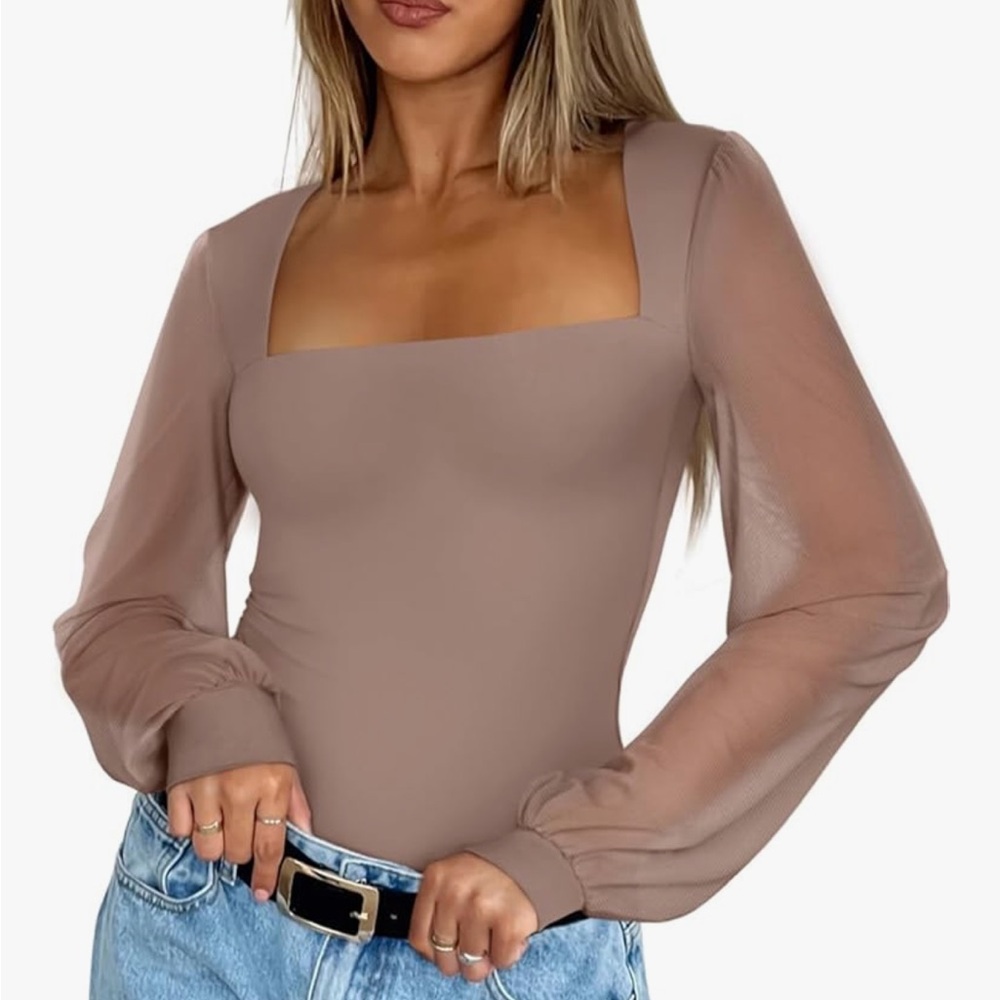 Pink Mstyle Square-Neck Long Sleeve Mesh Bodysuit in Taupe